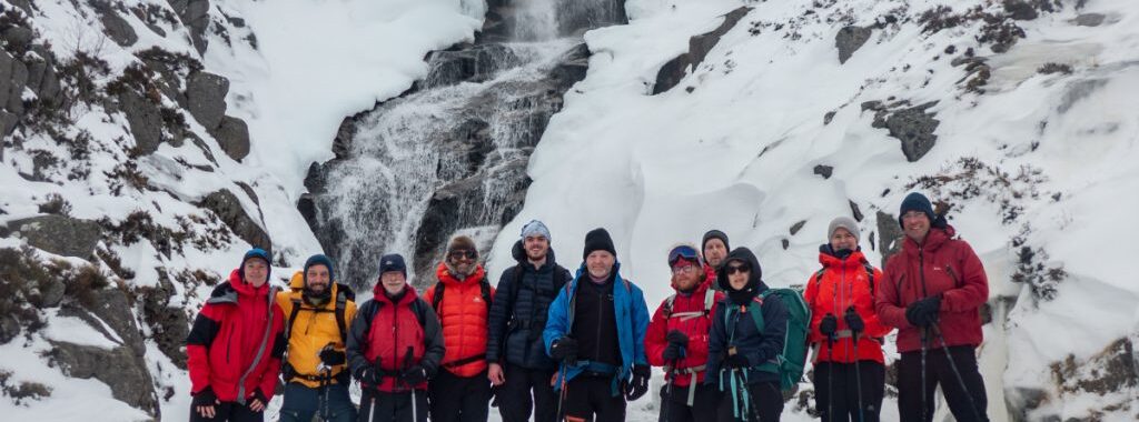 Group at Glas Allt falls, Lochnagar in winter